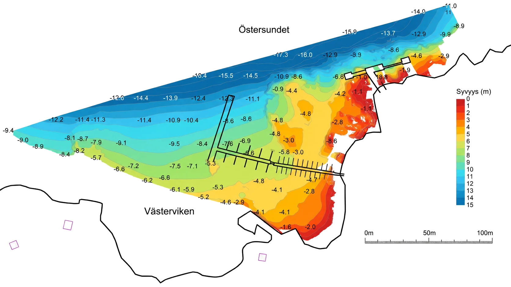 Jussarön sataman syvyyskartta: syvyydet metreinä Östersundetin ja Västervikenin välissä.